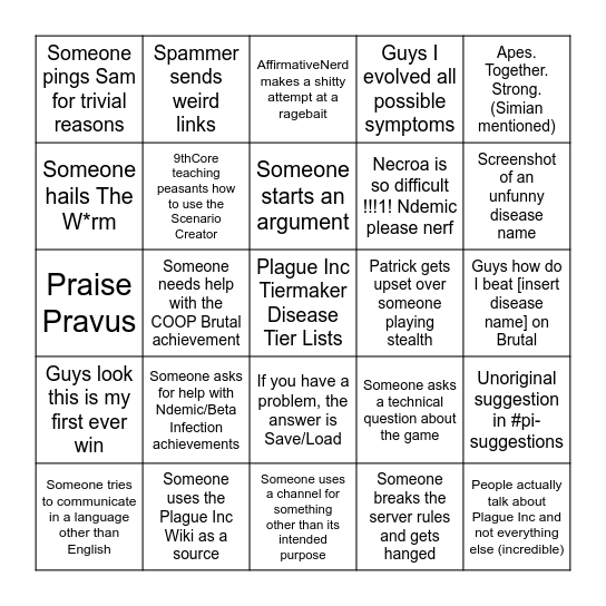 Plague Inc Discord Bingo Card