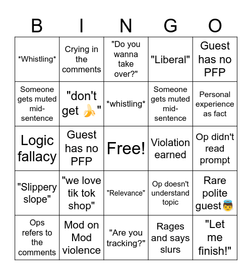 Tiktok Debate Live Bingo Card