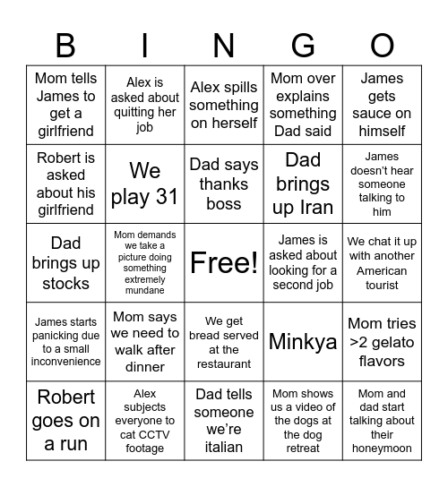 ET Phone Rome Bingo Card