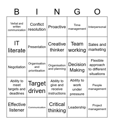 Skills Bingo Card