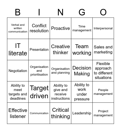Skills Bingo Card