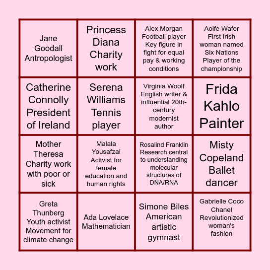 Important Women Bingo 🥰 Bingo Card