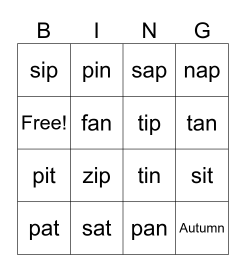CVC Words Bingo Card