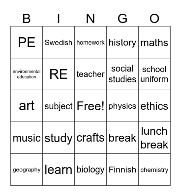 School Bingo Card
