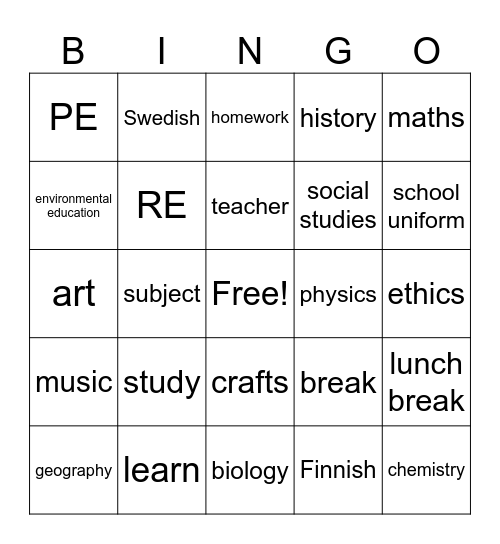 School Bingo Card