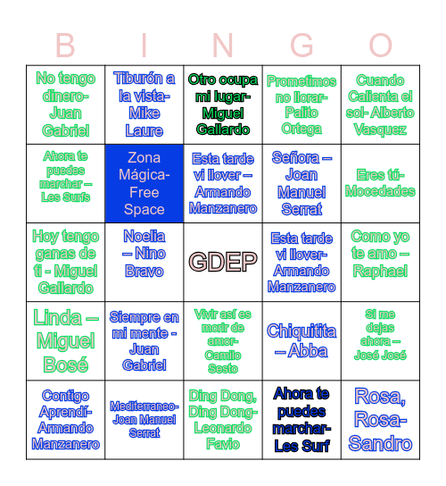 Bingo Musical Bingo Card