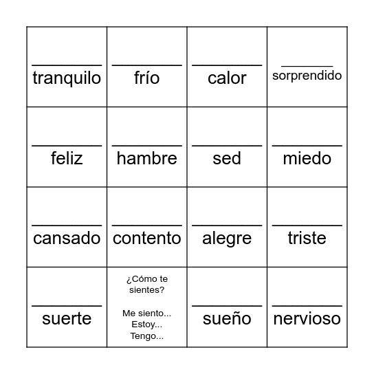Los Sentimientos Bingo Card