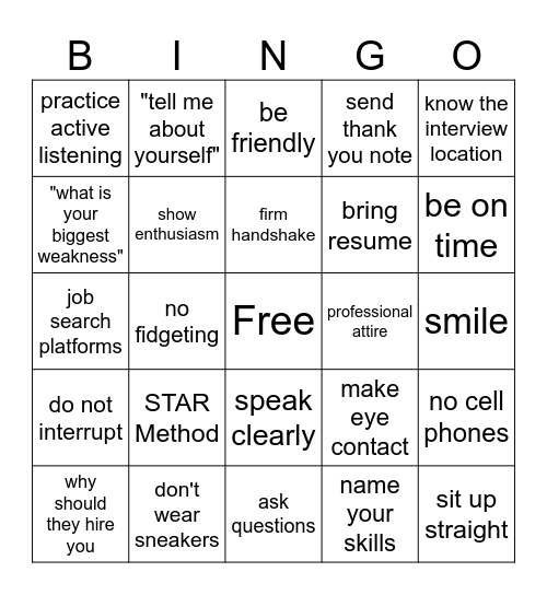 Job Interview Bingo Card