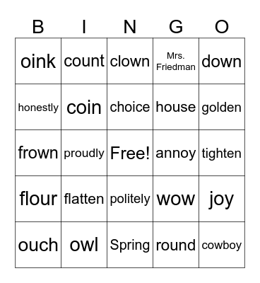 Word Study Patterns Bingo Card