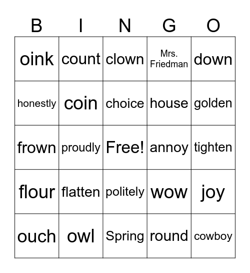 Word Study Patterns Bingo Card