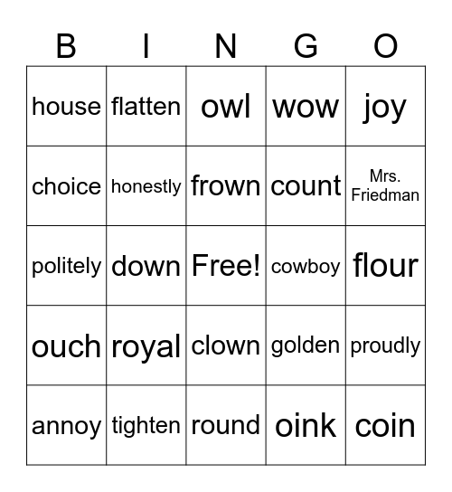 Word Study Patterns Bingo Card