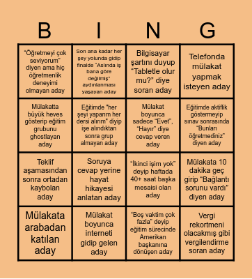 Turkey Supply Bingo! Bingo Card