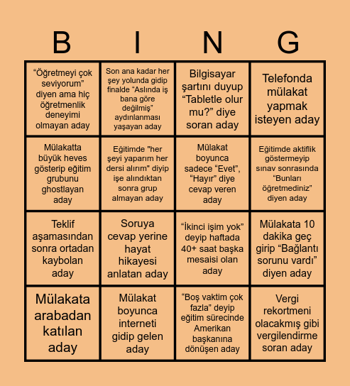 Turkey Supply Bingo! Bingo Card