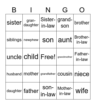 family members Bingo Card