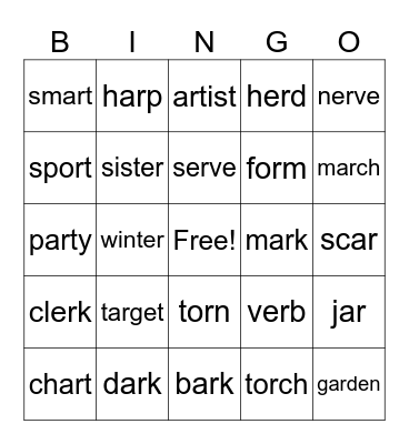 er, ar, or Bingo Card