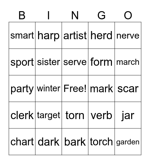 er, ar, or Bingo Card