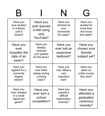 Have you ever? Bingo Card