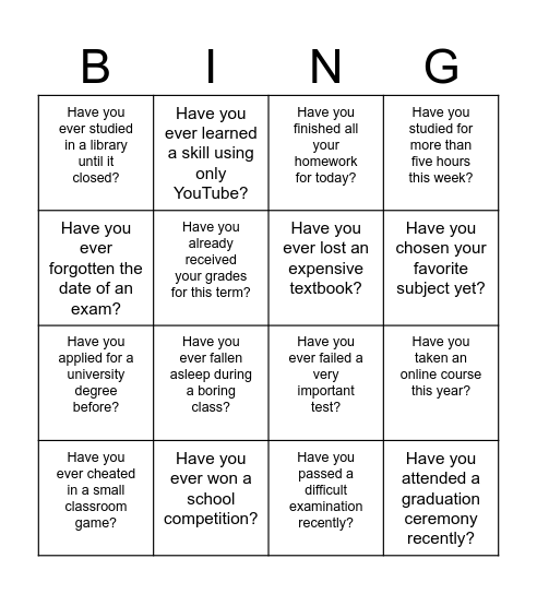Have you ever? Bingo Card