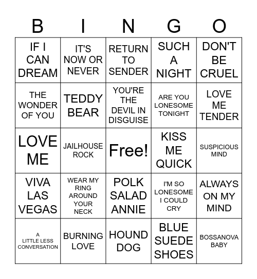 ELVIS PRESLEY SONGS Bingo Card