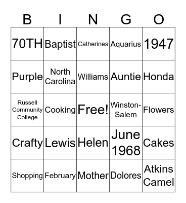 HELEN'S 70TH BIRTHDAY Bingo Card