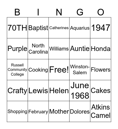 HELEN'S 70TH BIRTHDAY Bingo Card