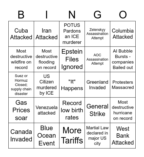 2026 Predictions Bingo Card
