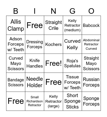 Instrument BINGO Card