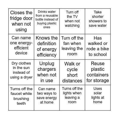 Energy Efficiency Bingo Card