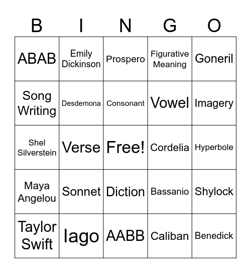 Figurative Language Bingo Card