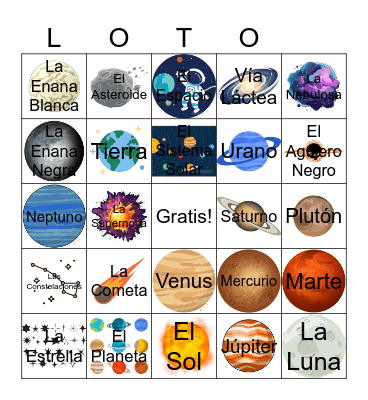 Spanish II Space LOTO Bingo Card