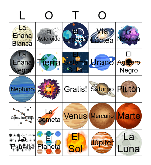 Spanish II Space LOTO Bingo Card