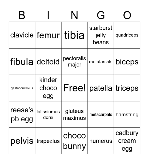 Muscles, Bones, Easter Candy Bingo Card