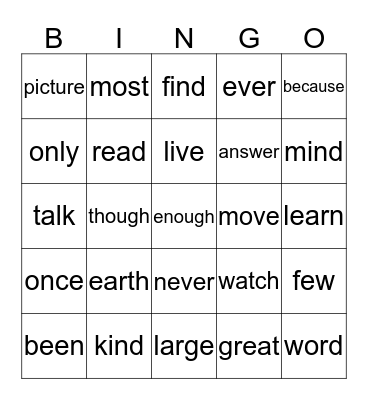 Set 5 High Frequency Word List  Bingo Card