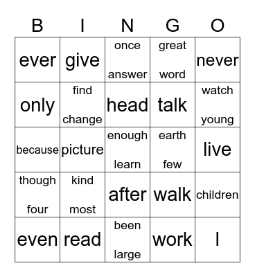 Set 5 High Frequency Word List  Bingo Card