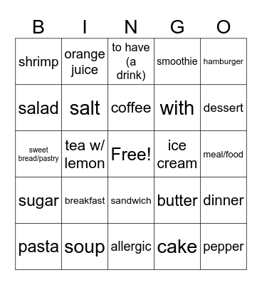 food Bingo Card