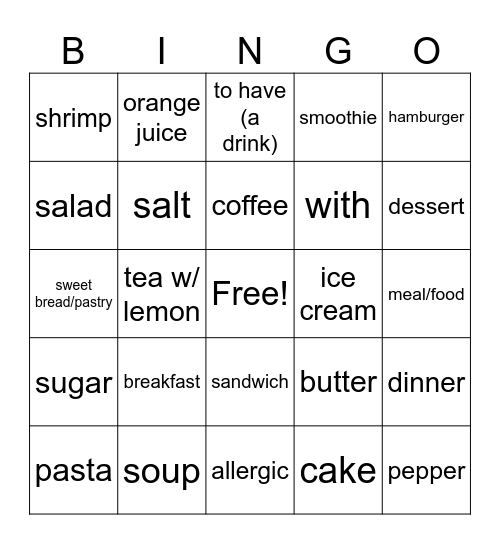 food Bingo Card
