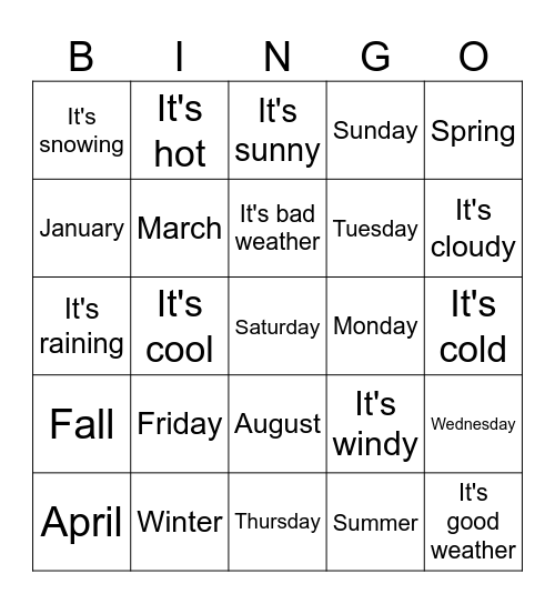 Días, meses, estaciones Bingo Card