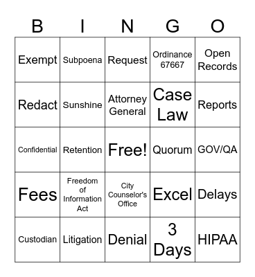 Sunshine Law Edition Bingo Card