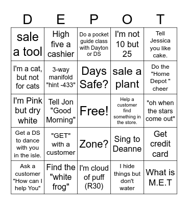 Home Depot Bingo Card