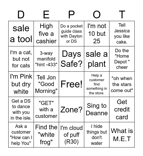 Home Depot Bingo Card
