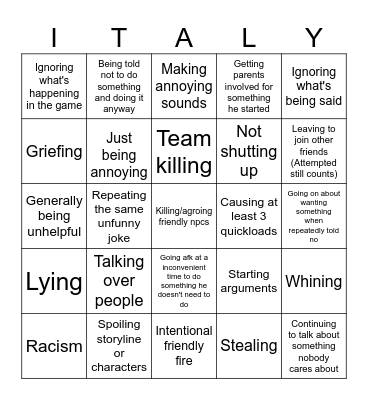 Harrison being annoying Bingo Card