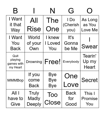 Boy Bands Game 1 Bingo Card