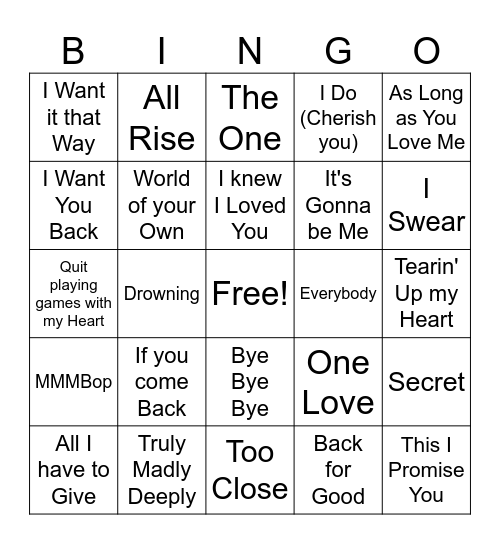 Boy Bands Game 1 Bingo Card