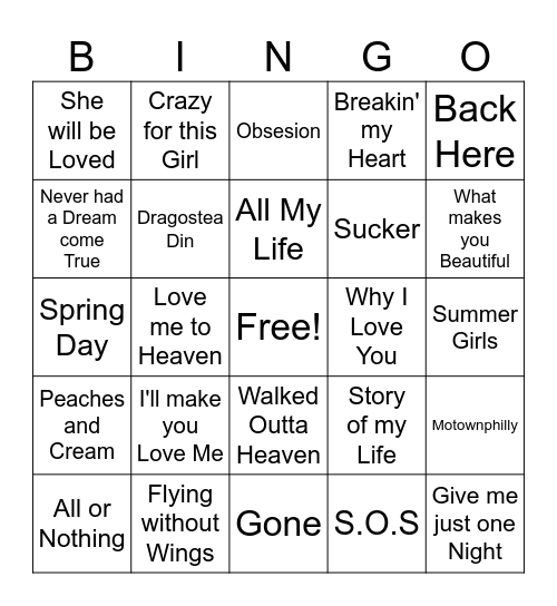 Boy Bands Game 2 Bingo Card