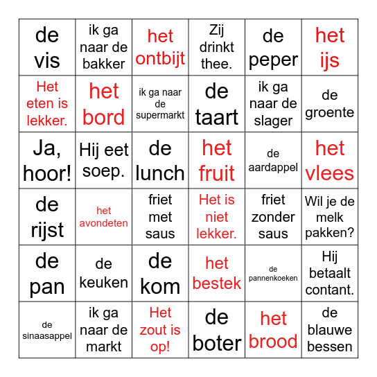 eten en drinken Bingo Card