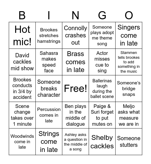 Pit Orchestra Bingo! Bingo Card