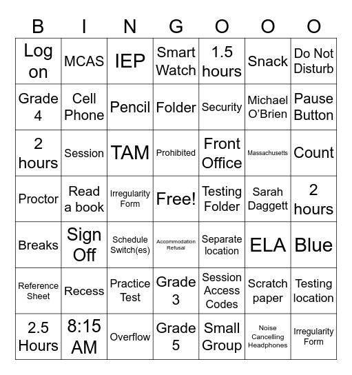 Nixon MCAS Training Bingo Card