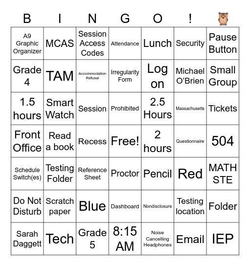 Nixon MCAS Training Bingo Card