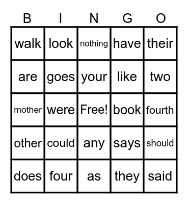Sight Word Bingo Card