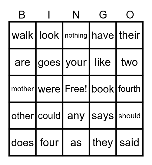 Sight Word Bingo Card